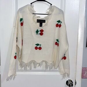 Cute cherry-themed off-shoulder cropped sweater